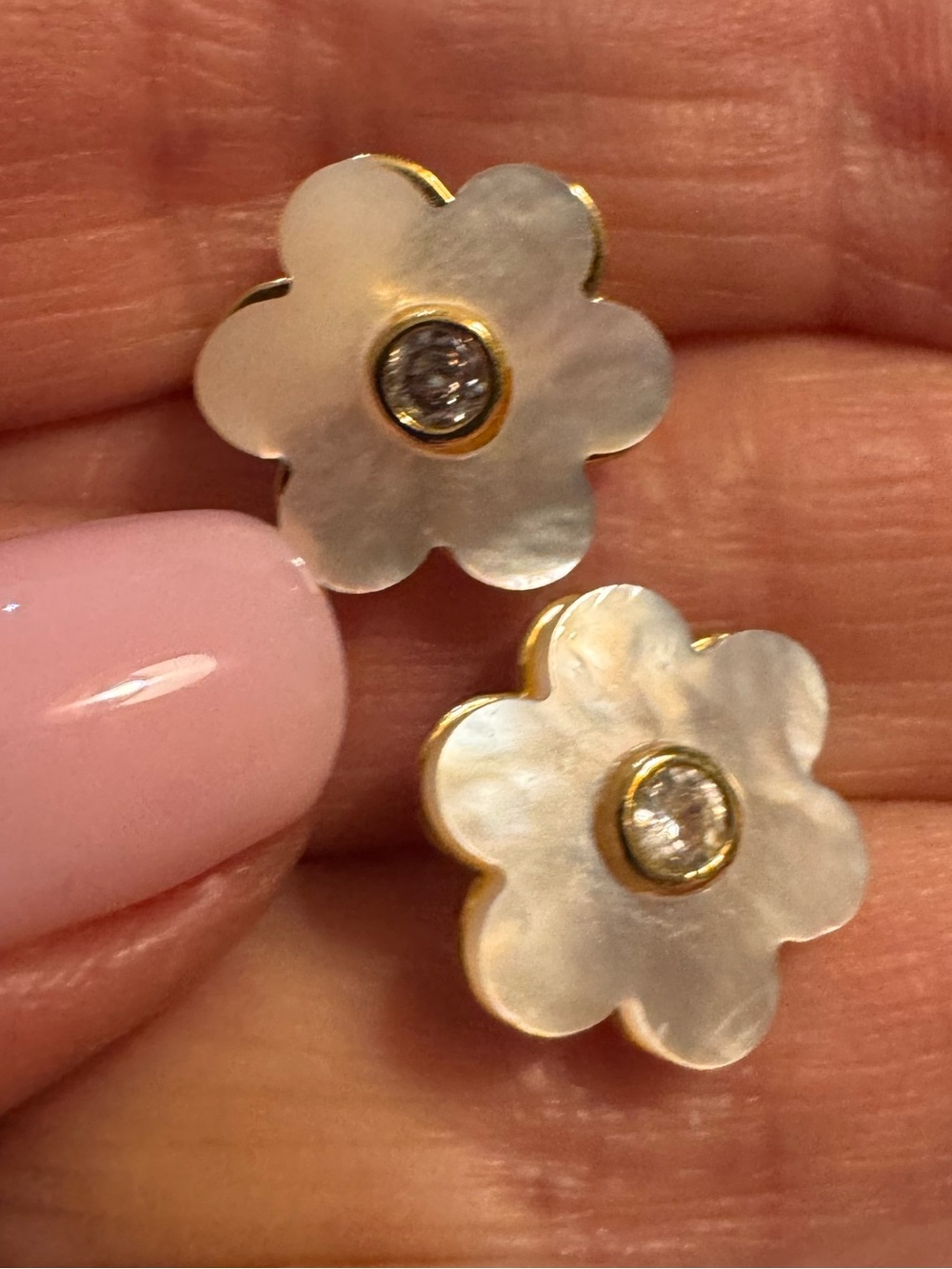 ASHA 14k gold dipped garden stud earrings in mother of pearl and white topaz .5” - Picture 2 of 4